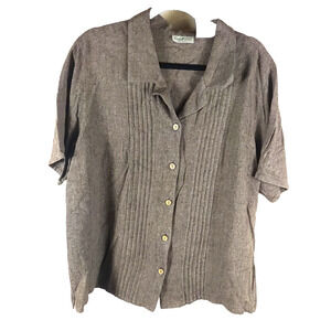 White Stag Women's Linen Shirt Size 18 20 W Button Down Short Sleeve Green Gray